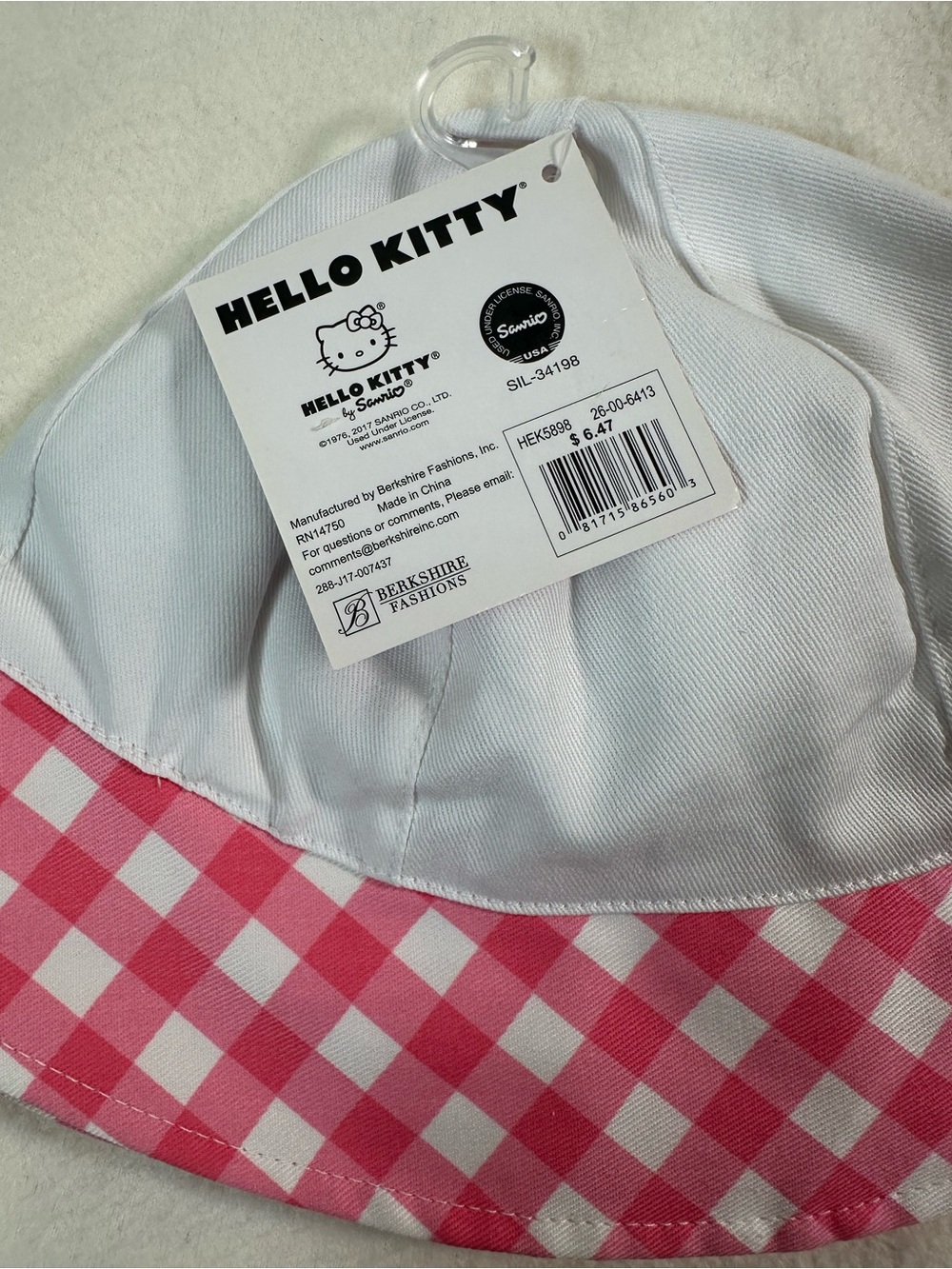 NWT Hello Kitty Kids’ White Bucket Hat Pink Gingham Trim - Picture 4 of 5